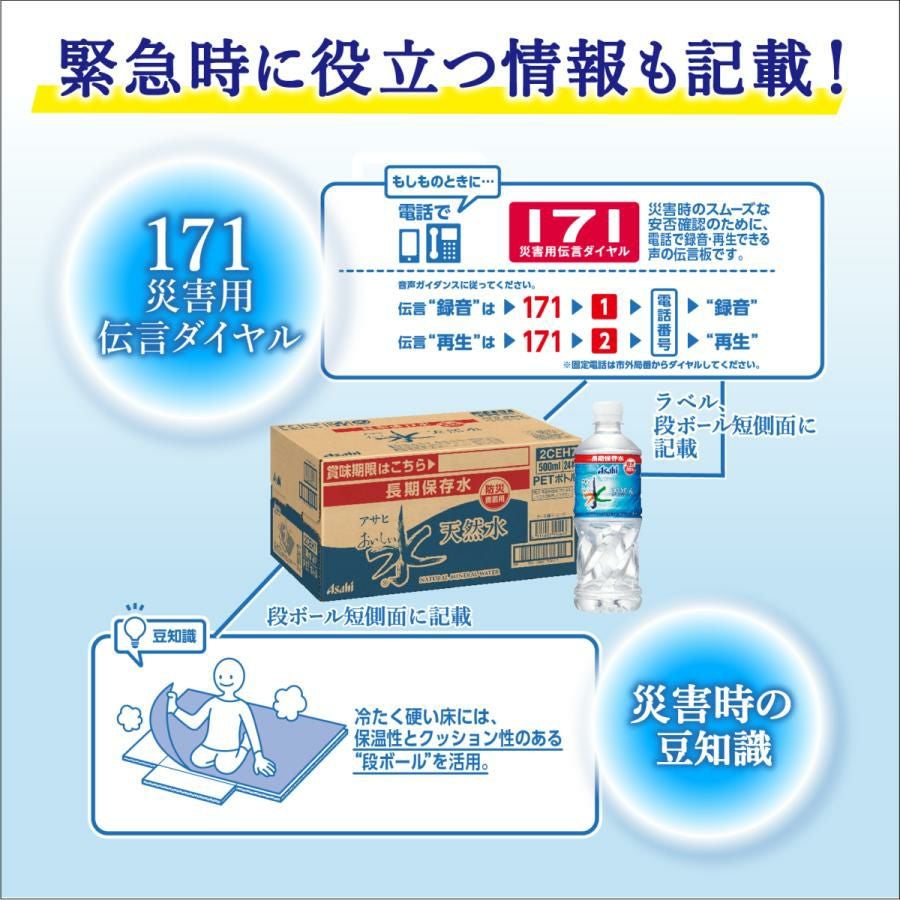アサヒ飲料 おいしい水 天然水 長期保存水 防災備蓄用 500ｍl 24本