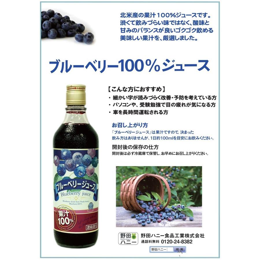 野田ハニー ブルーベリー 100％ ジュース